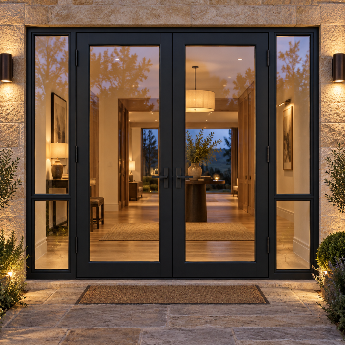 Full-lite double steel door with divided sidelights — evening AI design visualization; hardware illustrative