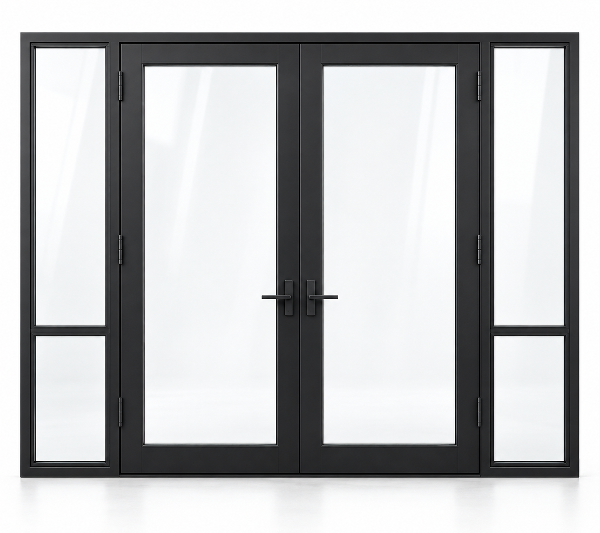 Full-lite double steel door with divided sidelights — studio AI design visualization; hardware illustrative