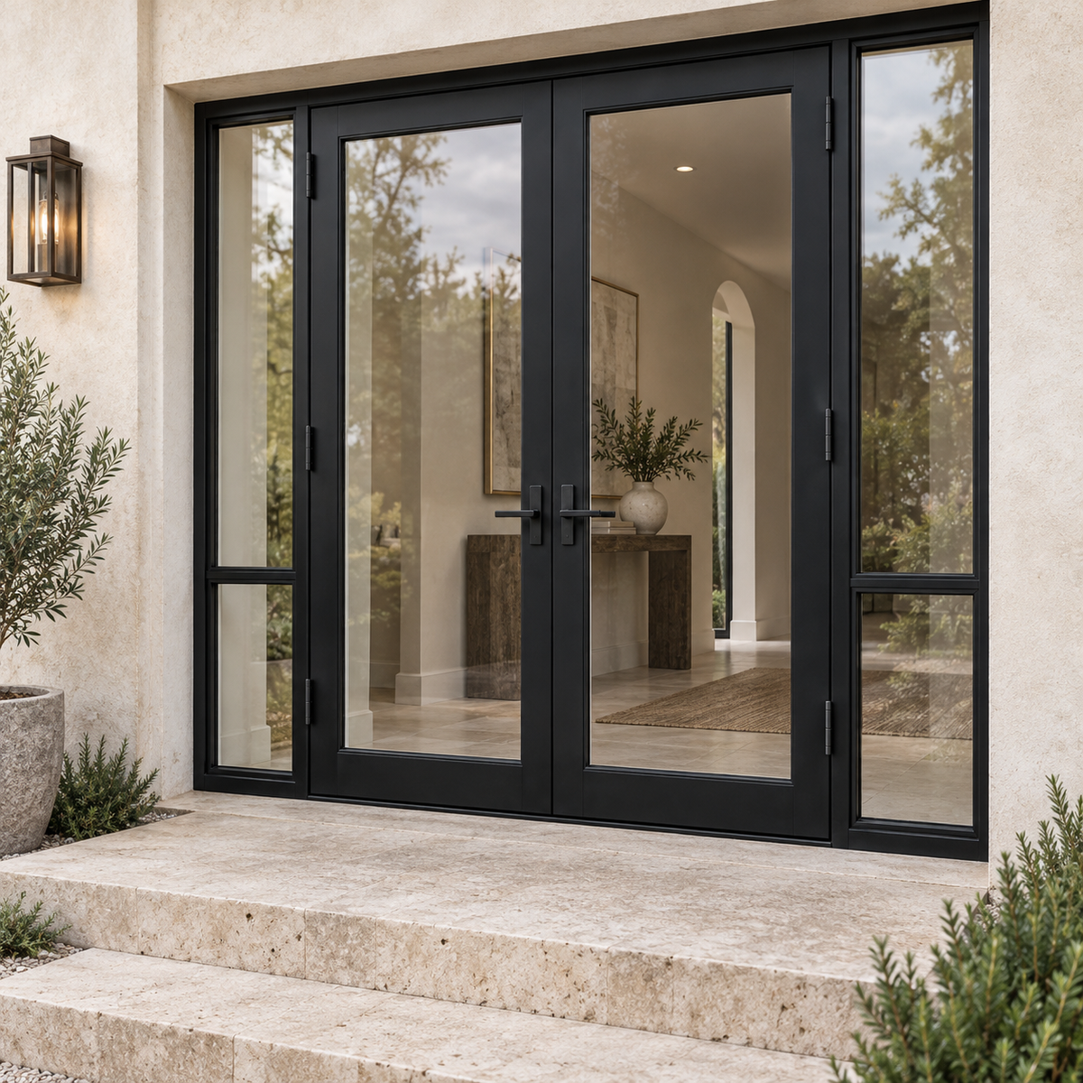 Full-lite double steel door with divided sidelights — townhouse AI design visualization; hardware illustrative