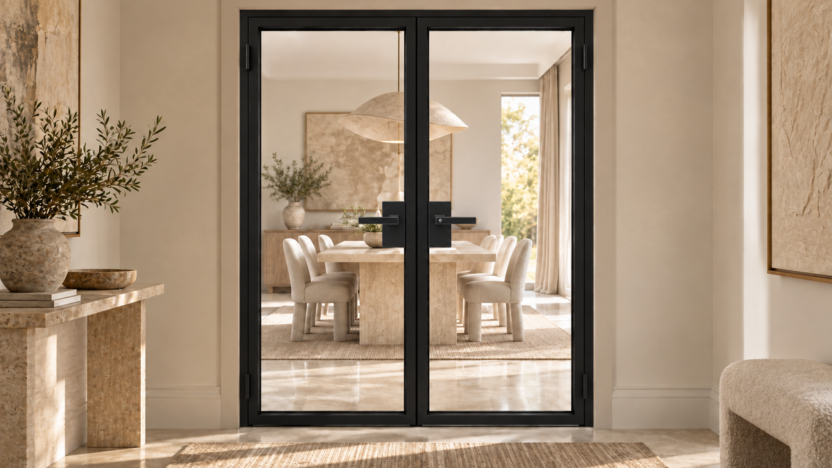 USABD Full Lite Interior Steel Double Door with included lever hardware — dining