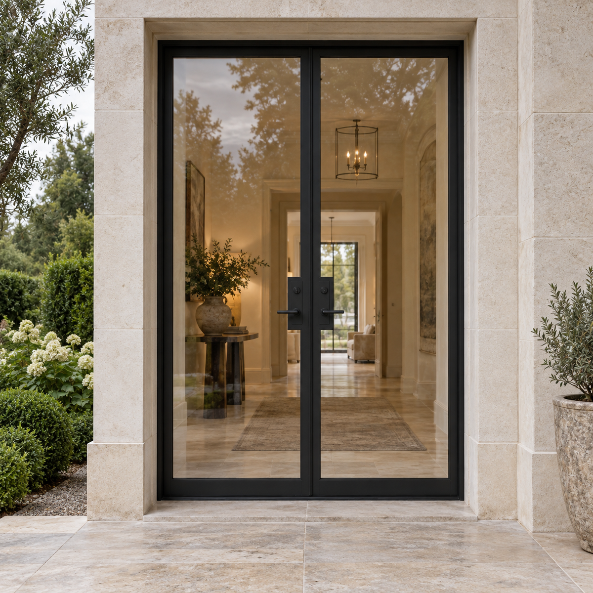 Full Lite Double Hinged Steel Door — villa product visualization