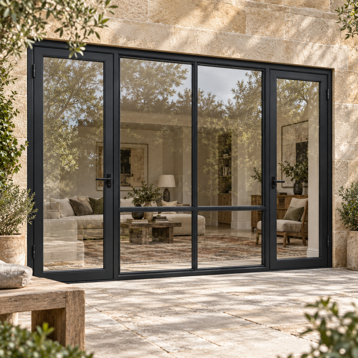 Full-lite dual single steel doors with divided fixed center — garden AI design visualization; hardware illustrative