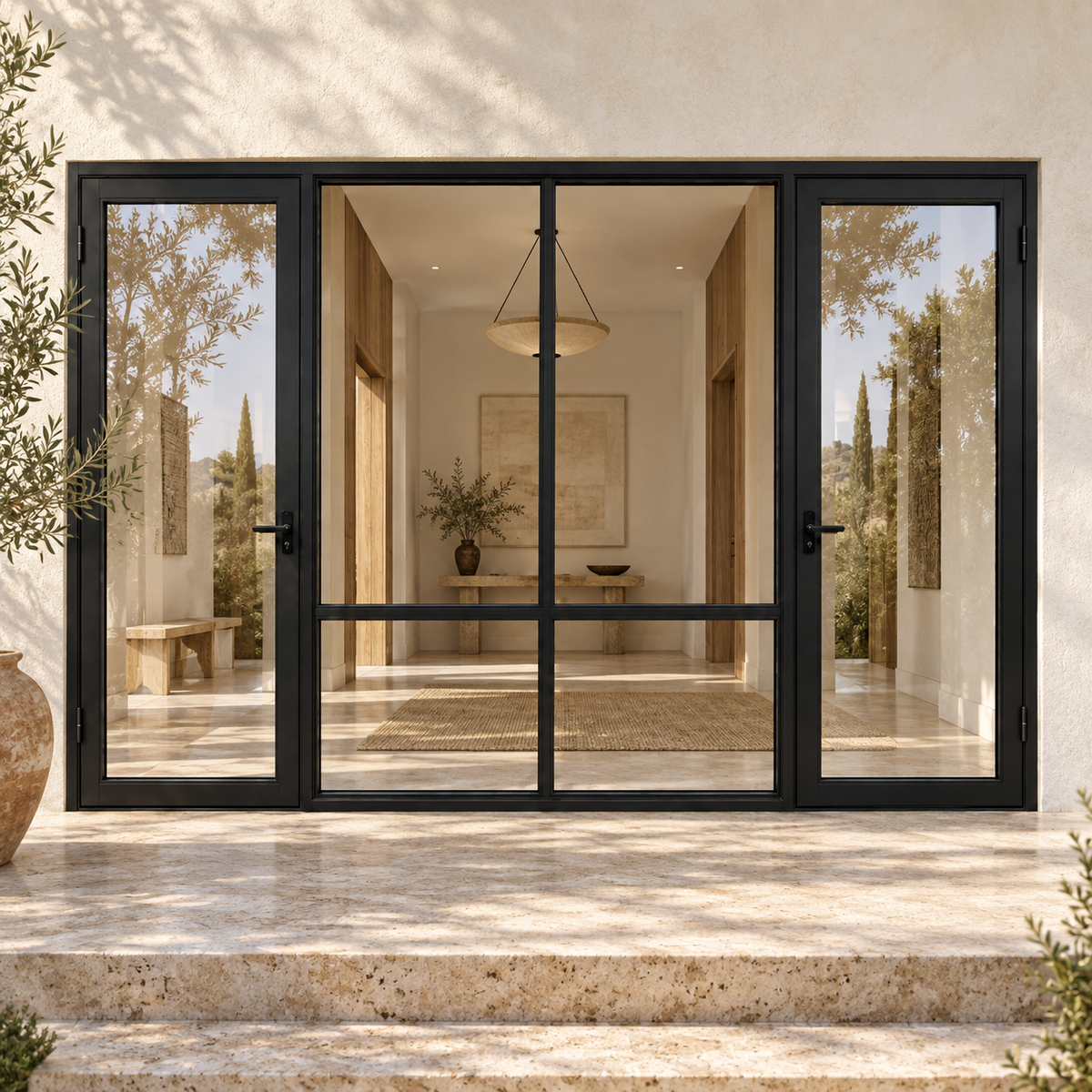 Full-lite dual single steel doors with divided fixed center — villa AI design visualization; hardware illustrative