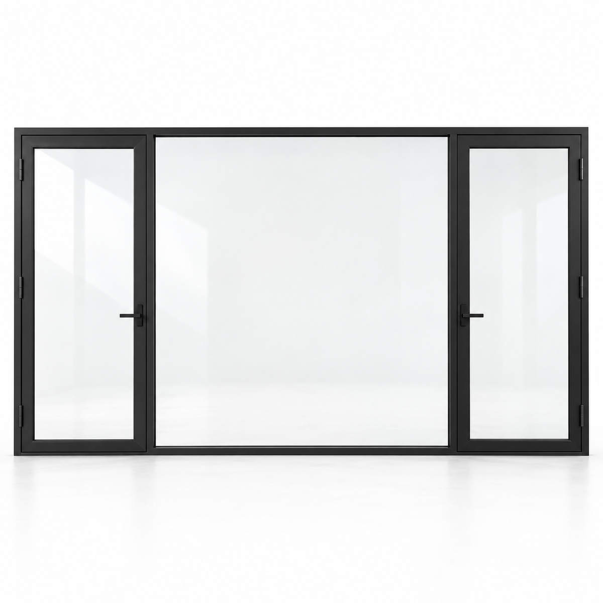 Full-lite dual single steel doors with undivided fixed center — studio AI design visualization; hardware illustrative