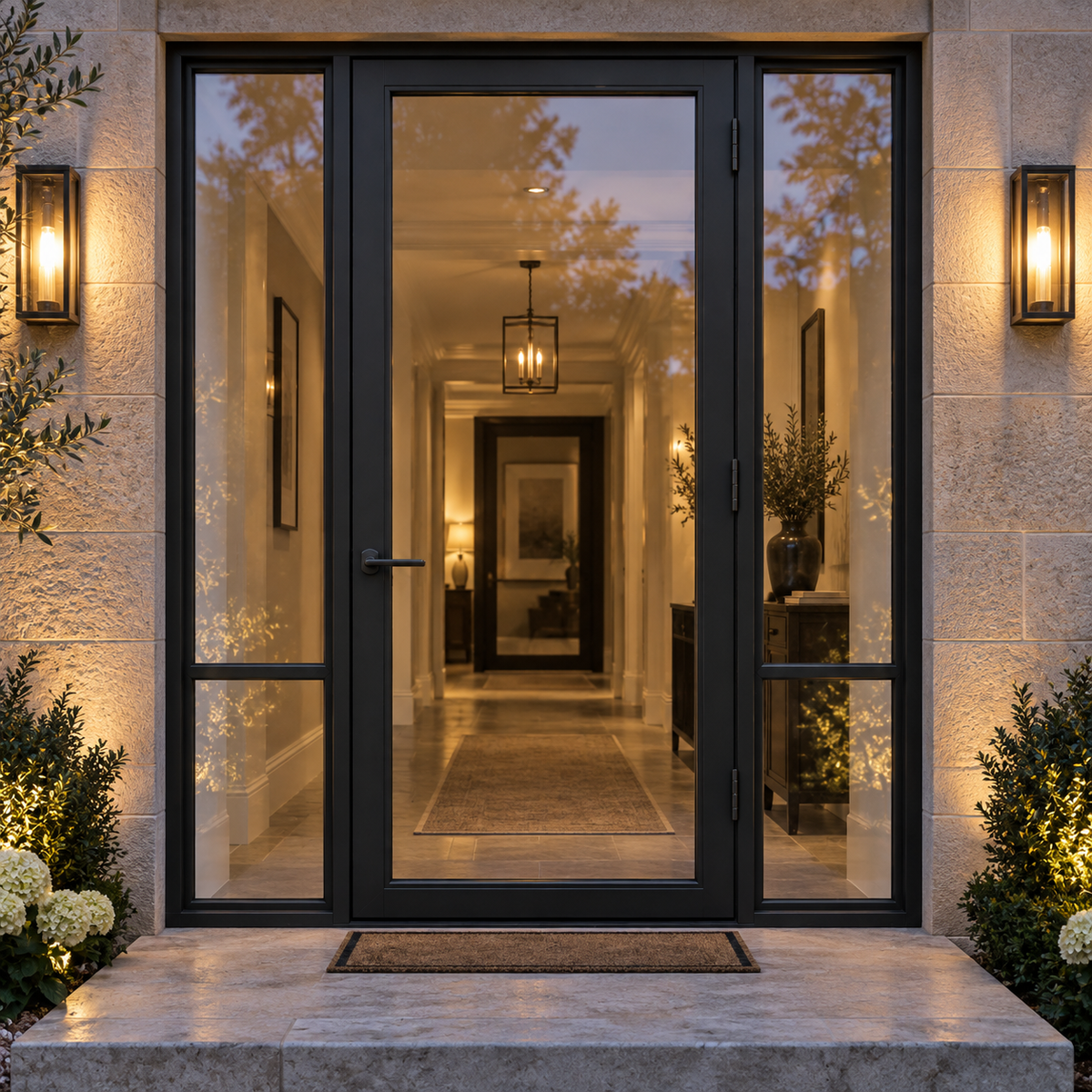 Full-lite single steel door with divided sidelights — evening AI design visualization; hardware illustrative
