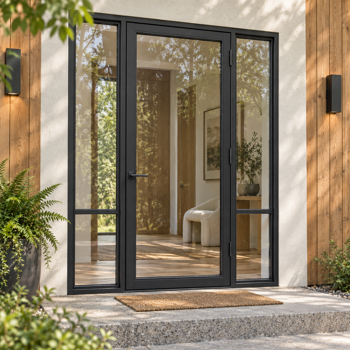 Full-lite single steel door with divided sidelights — woodland AI design visualization; hardware illustrative