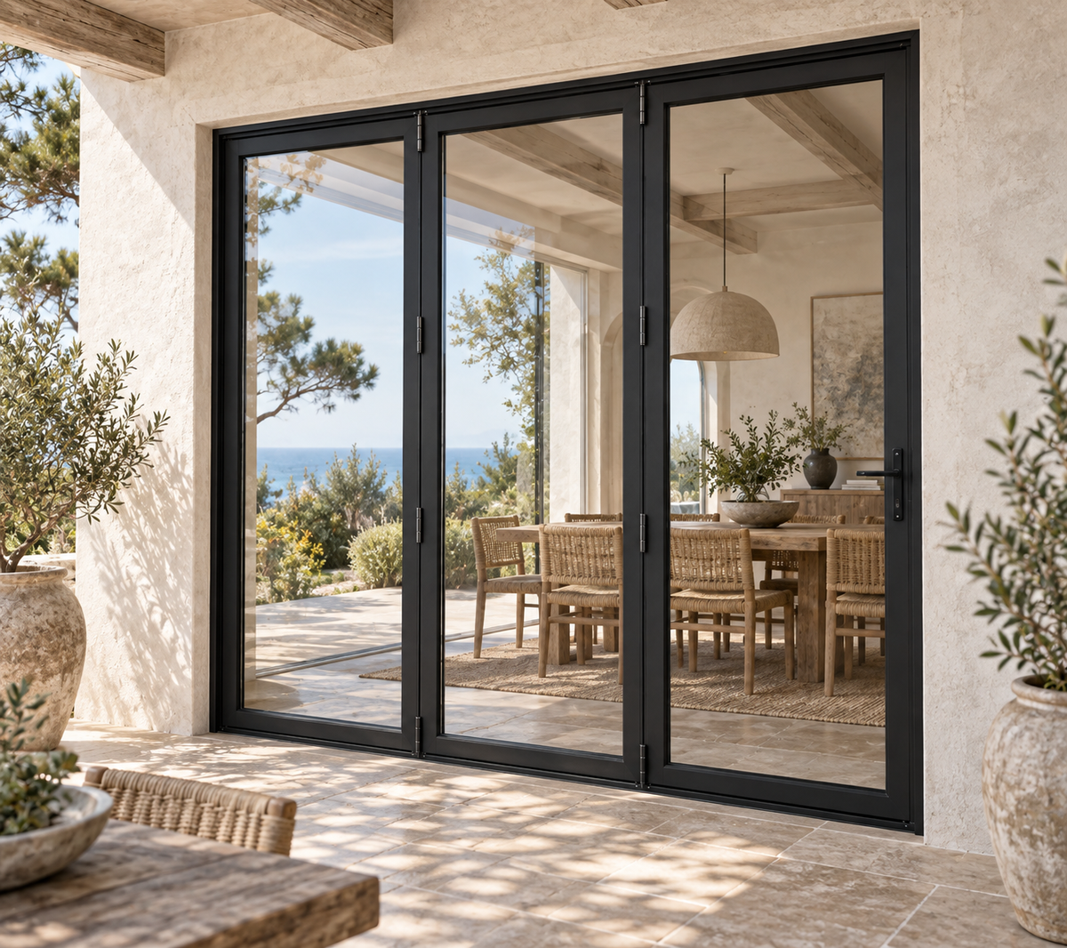 Full lite three-panel steel bifold door, three undivided panes — coastal AI design visualization
