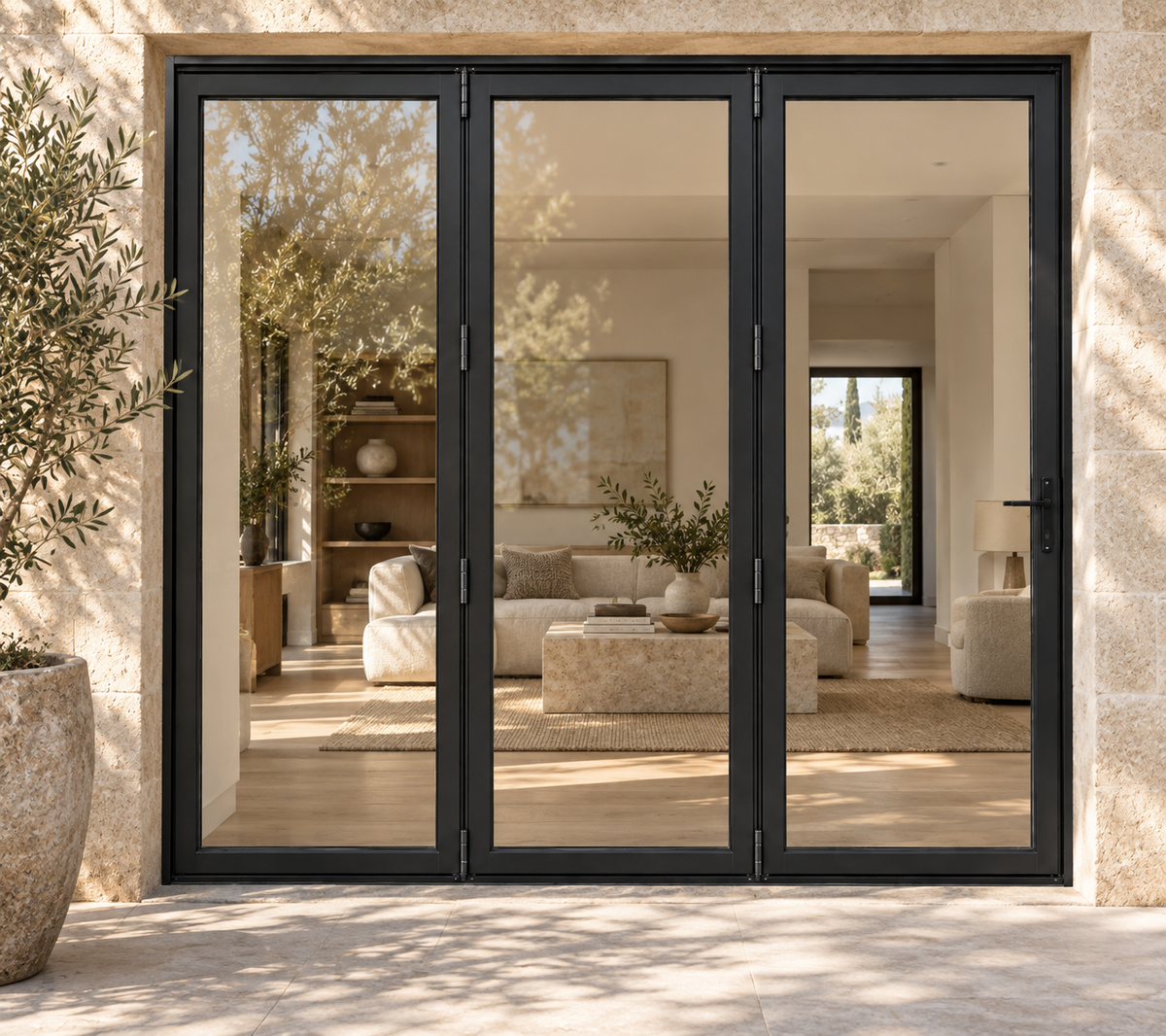Full lite three-panel steel bifold door, three undivided panes — villa AI design visualization