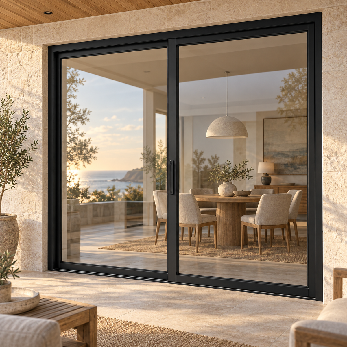 Full lite two-panel steel lift-and-slide door — coastal AI design visualization