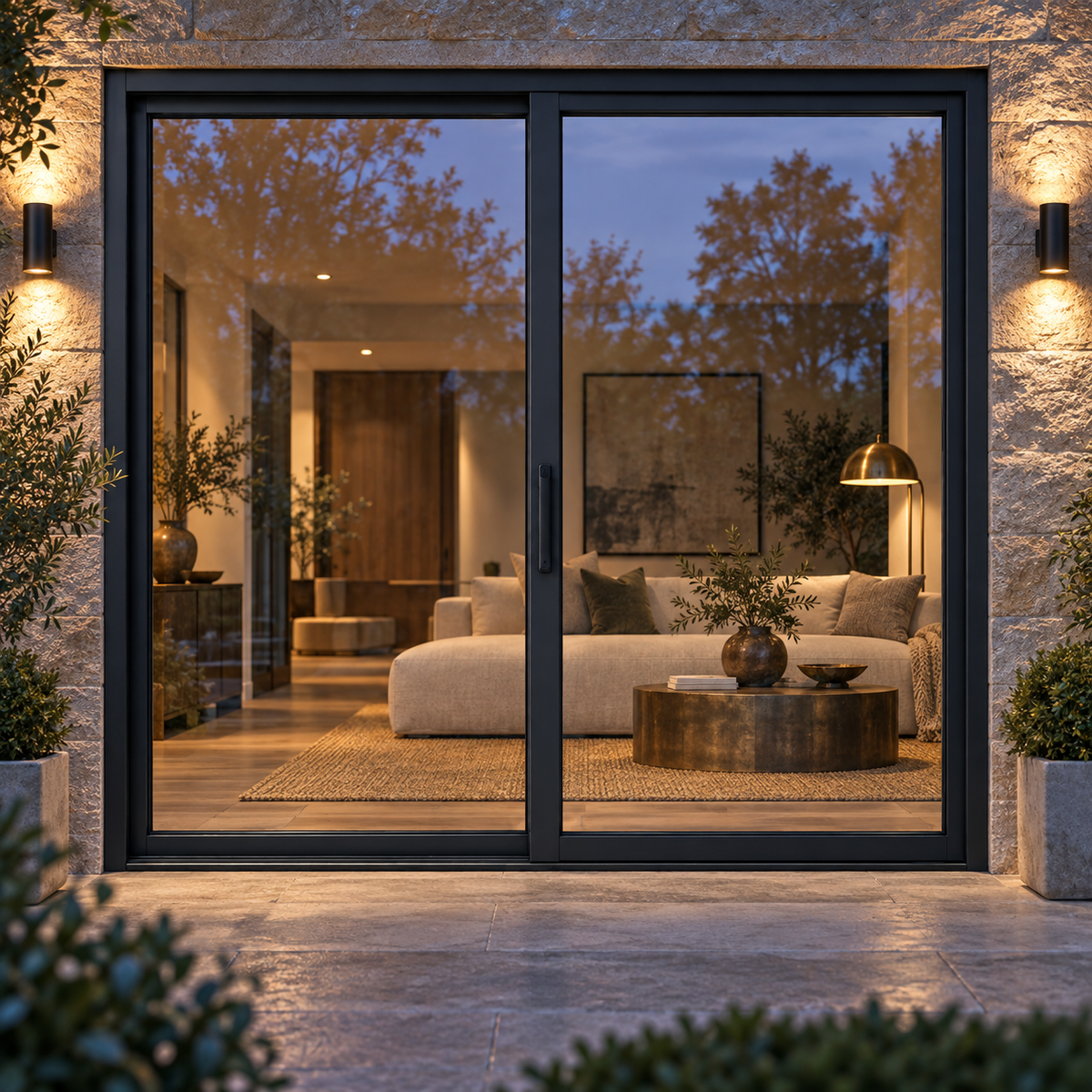 Full lite two-panel steel lift-and-slide door — evening AI design visualization