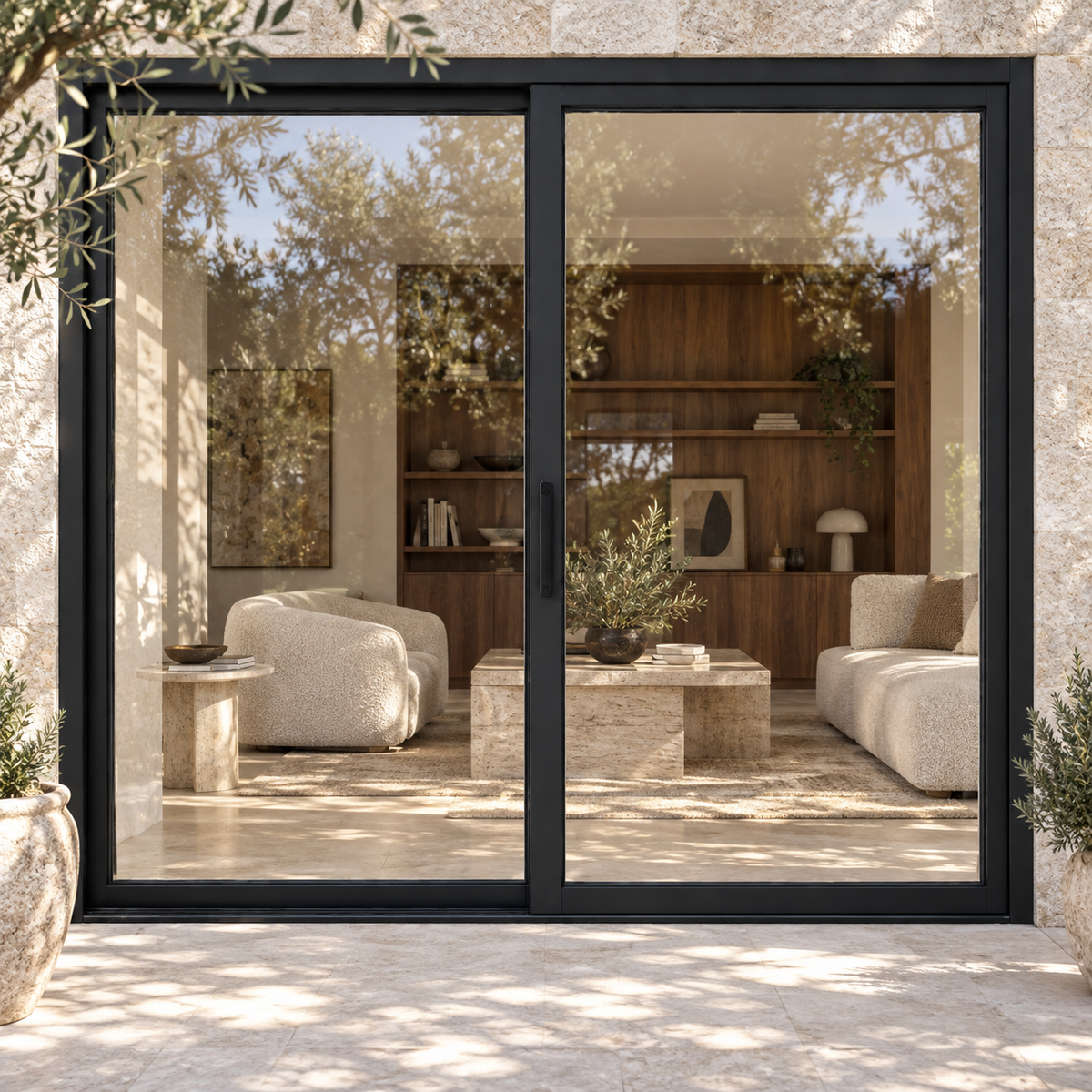 Full lite two-panel steel lift-and-slide door — villa AI design visualization