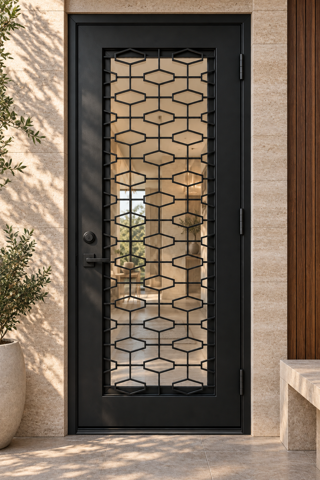 Hexagon Lattice Single Steel Door — villa design visualization