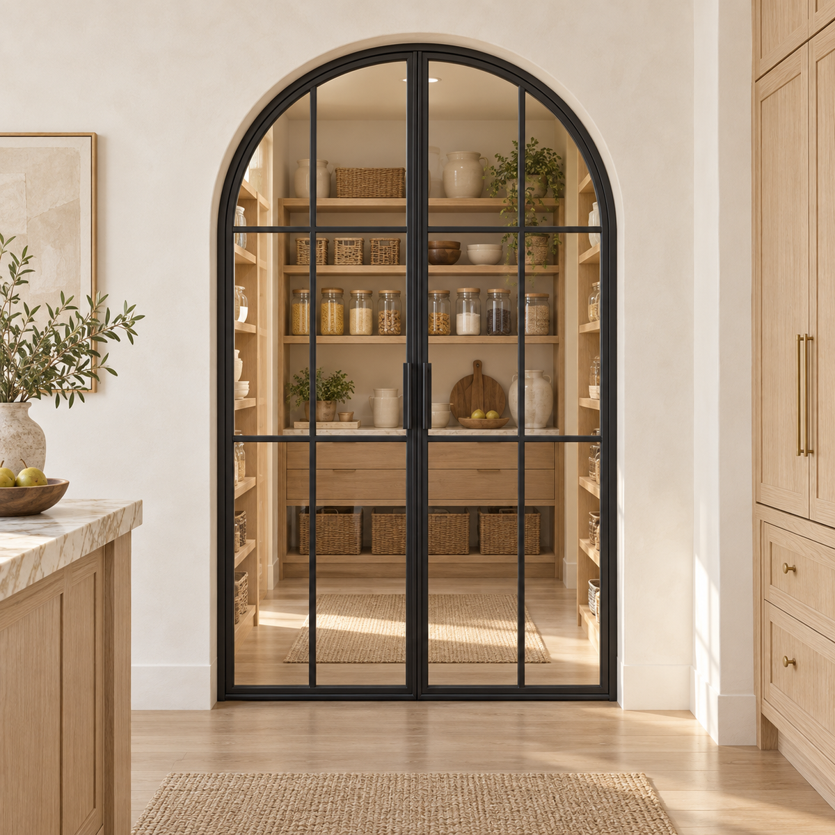 6-Lite Full-Arch Double Steel Pantry Door leading into an oak-shelved walk-in pantry from an ivory kitchen — lifestyle visualization