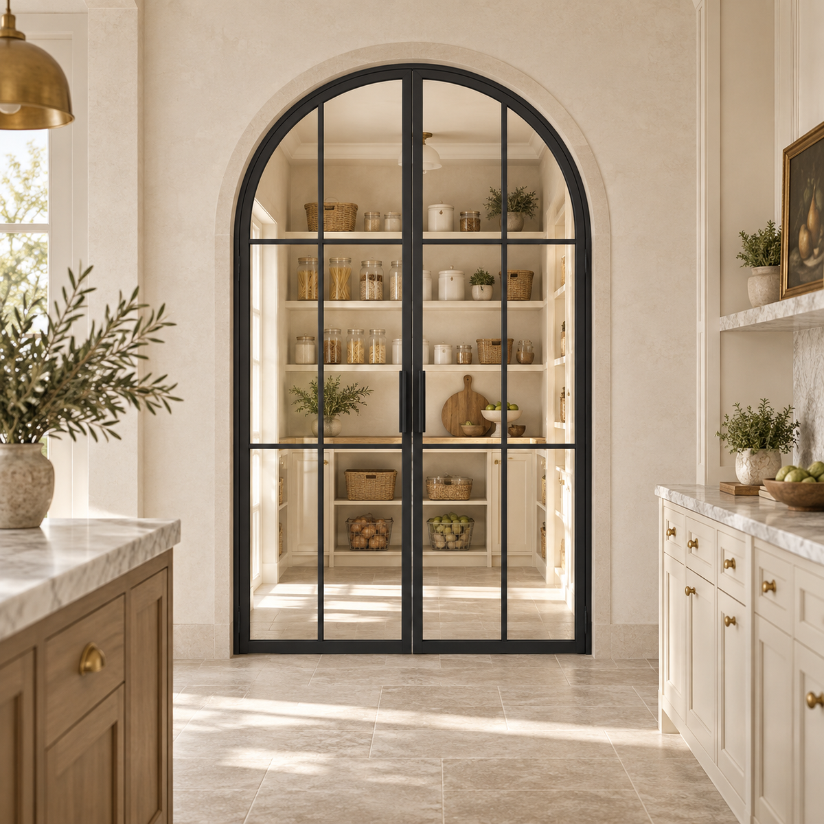 6-Lite Full-Arch Double Steel Pantry Door leading into a cream-shelved pantry from a limestone kitchen — lifestyle visualization