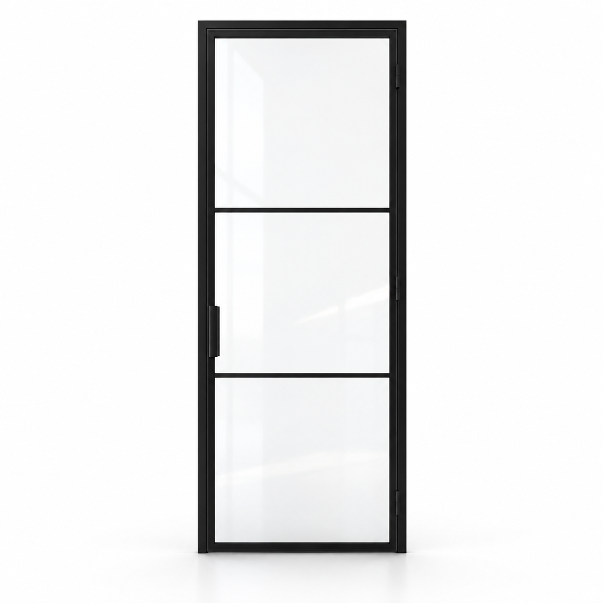 Black three-lite single steel pantry door on white background — product visualization