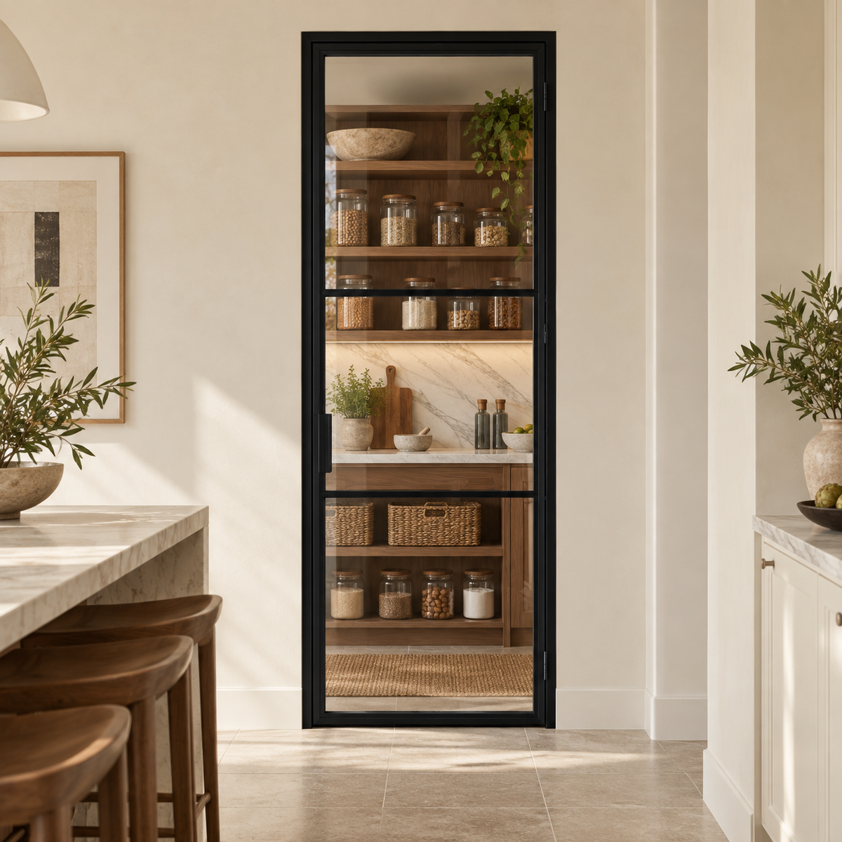 Black three-lite pantry door leading from an ivory kitchen into a walnut-shelved pantry — lifestyle visualization