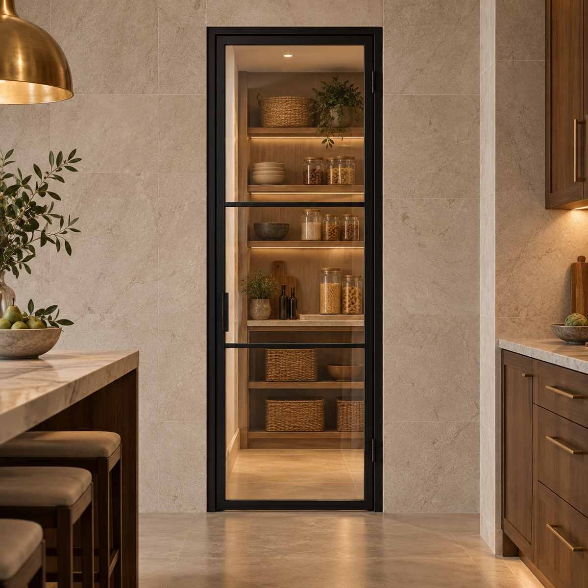 Black three-lite pantry door in a stone-surrounded opening with warmly lit pantry shelves — lifestyle visualization
