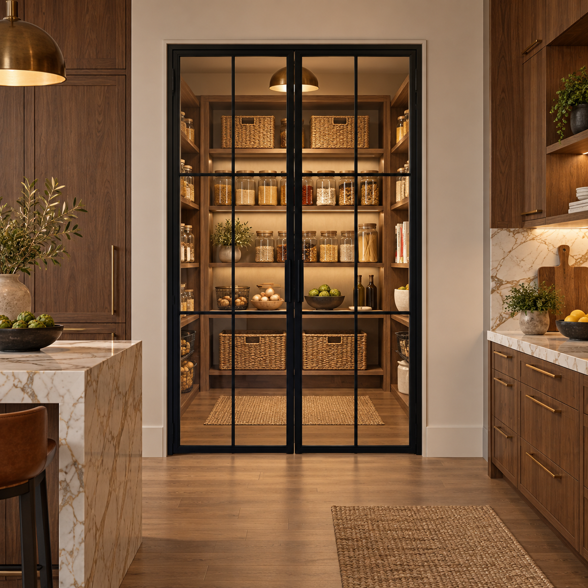 Black 6-lite double steel pantry door leading from a walnut kitchen into an organized pantry — lifestyle visualization