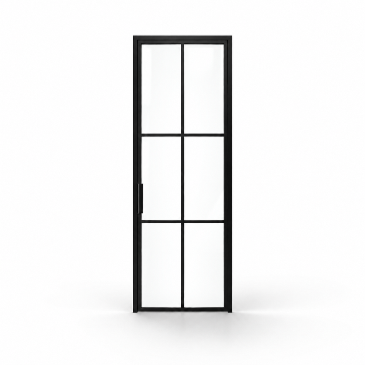 Black 6-lite single steel pantry door on a white background — product visualization
