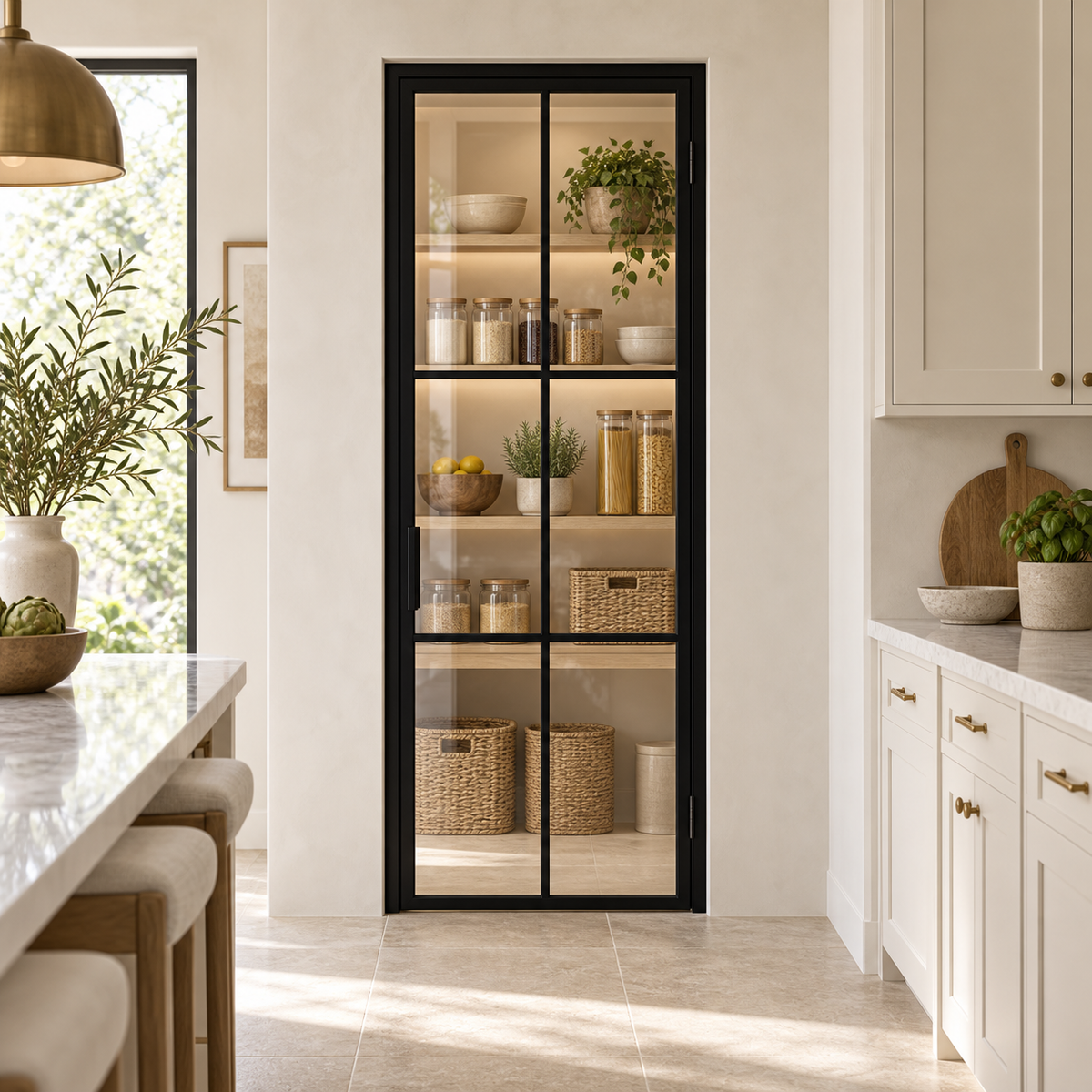Black 6-lite single steel pantry door leading from a cream kitchen into a shelved pantry — lifestyle visualization