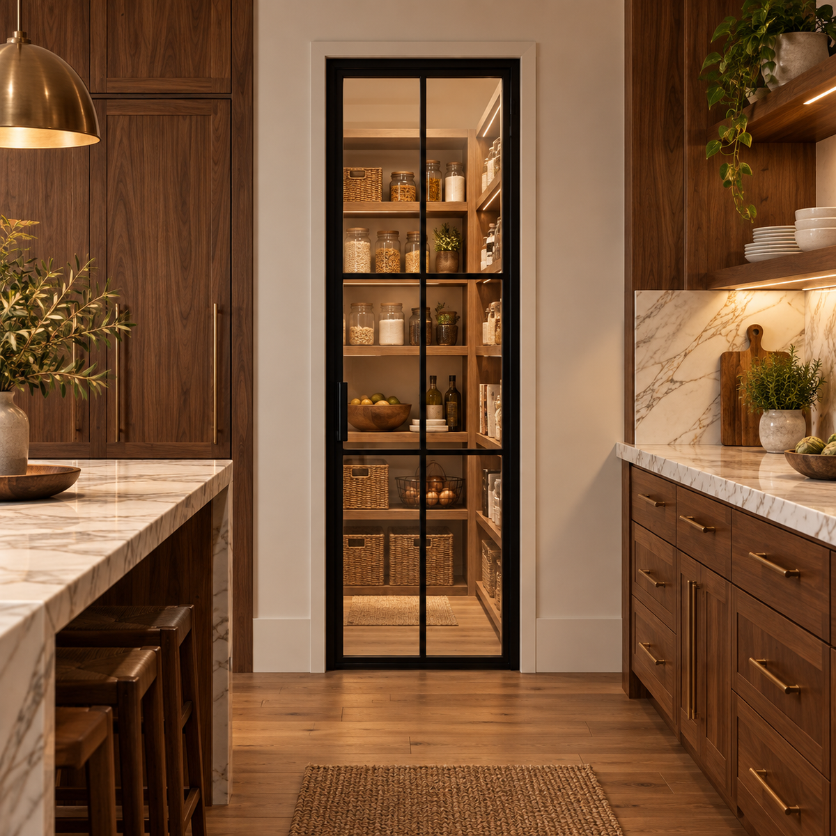 Black 6-lite single steel pantry door leading from a walnut kitchen into an organized pantry — lifestyle visualization