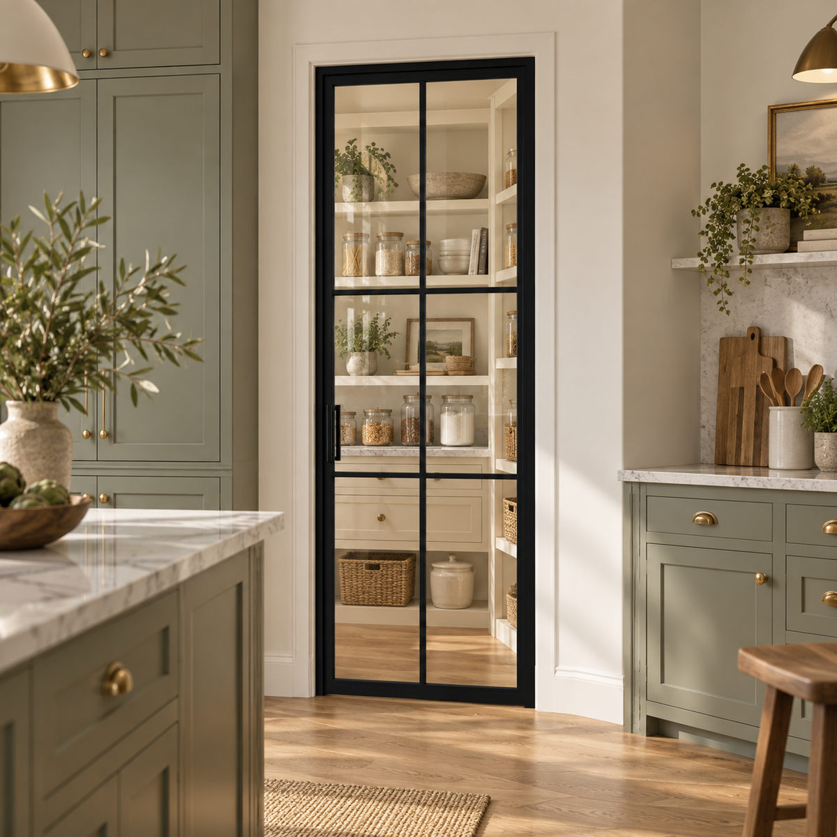 Black 6-lite single steel pantry door leading from a sage kitchen into a bright pantry — lifestyle visualization
