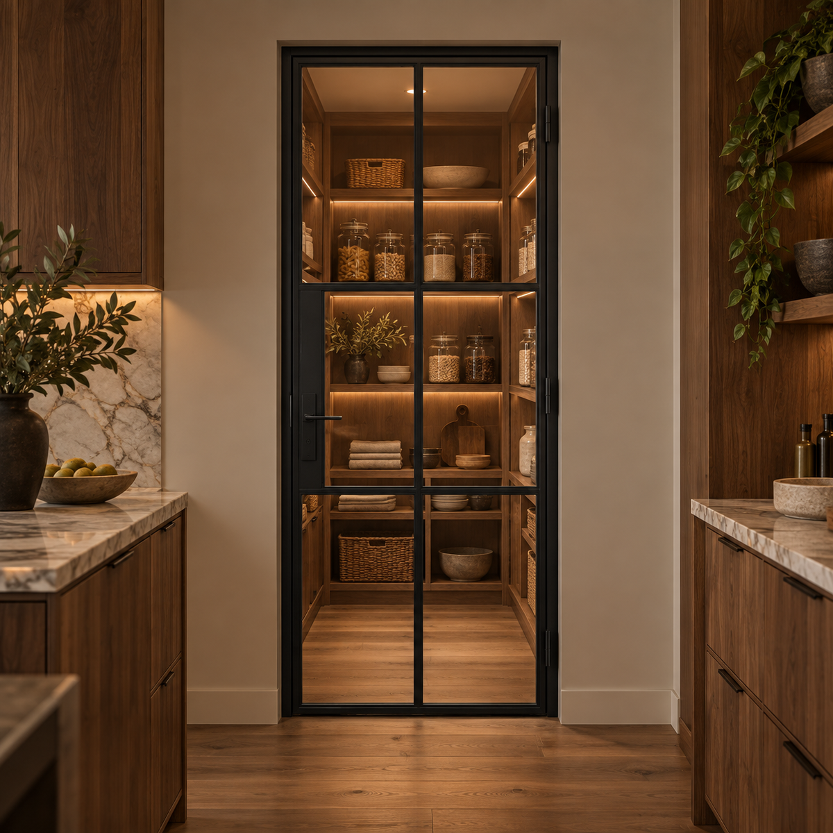 6S Single Cold-Rolled Steel Pantry Door leading into an illuminated walnut pantry — product visualization