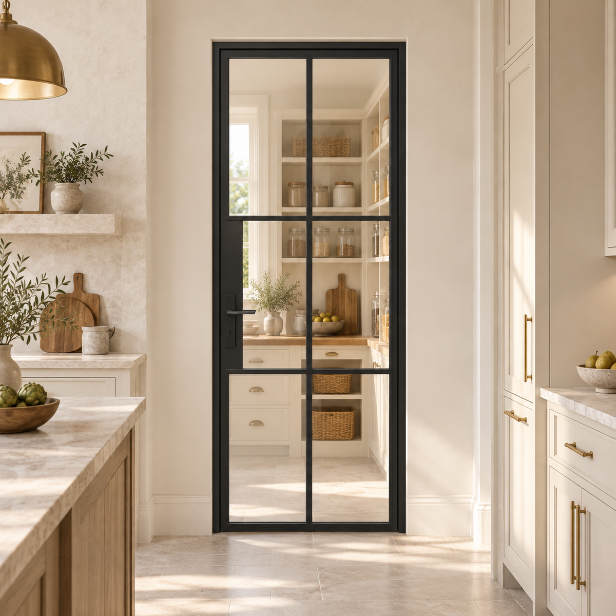 6S Single Cold-Rolled Steel Pantry Door leading into a cream pantry from a limestone kitchen — product visualization