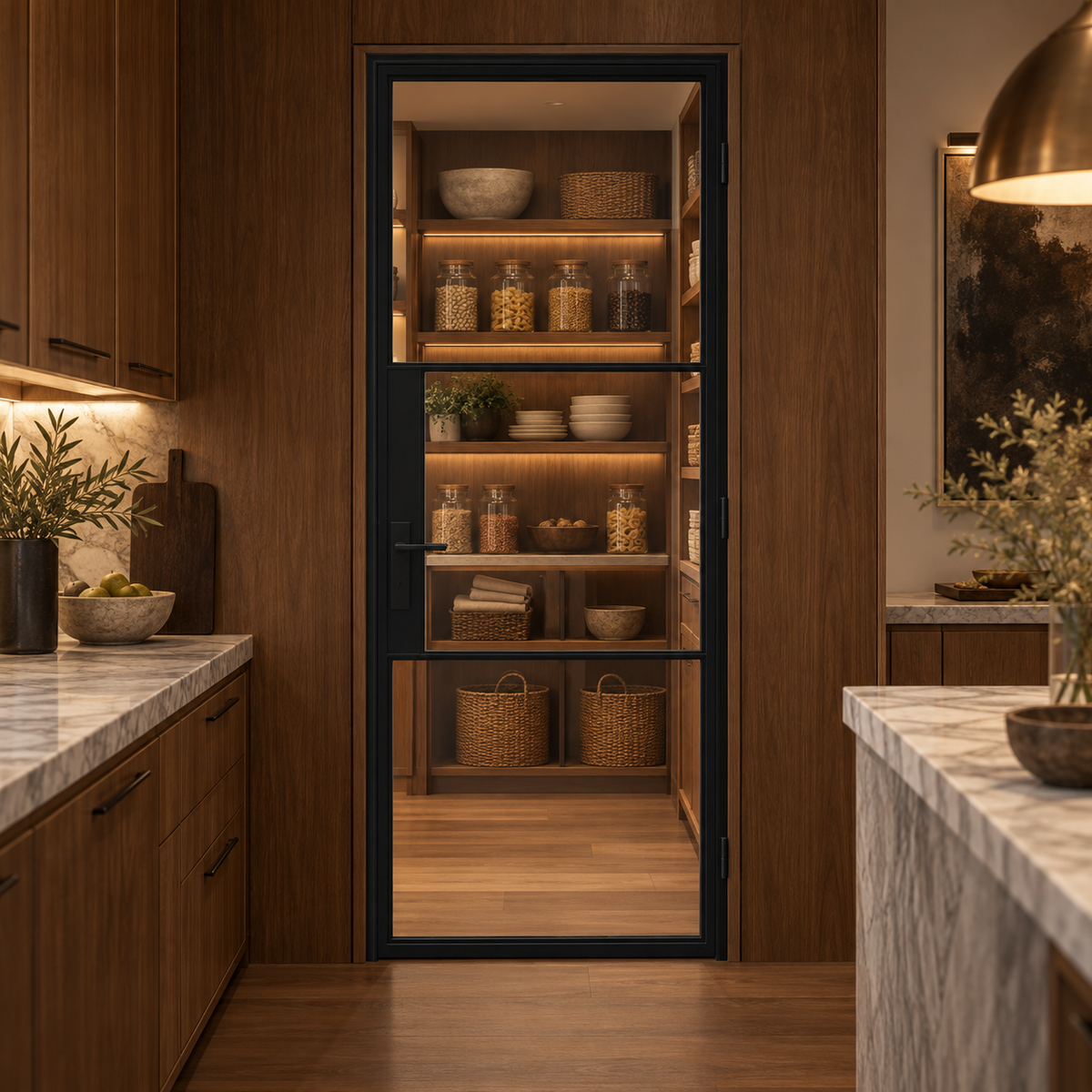 3S Single Cold-Rolled Steel Pantry Door leading into an illuminated walnut pantry — product visualization