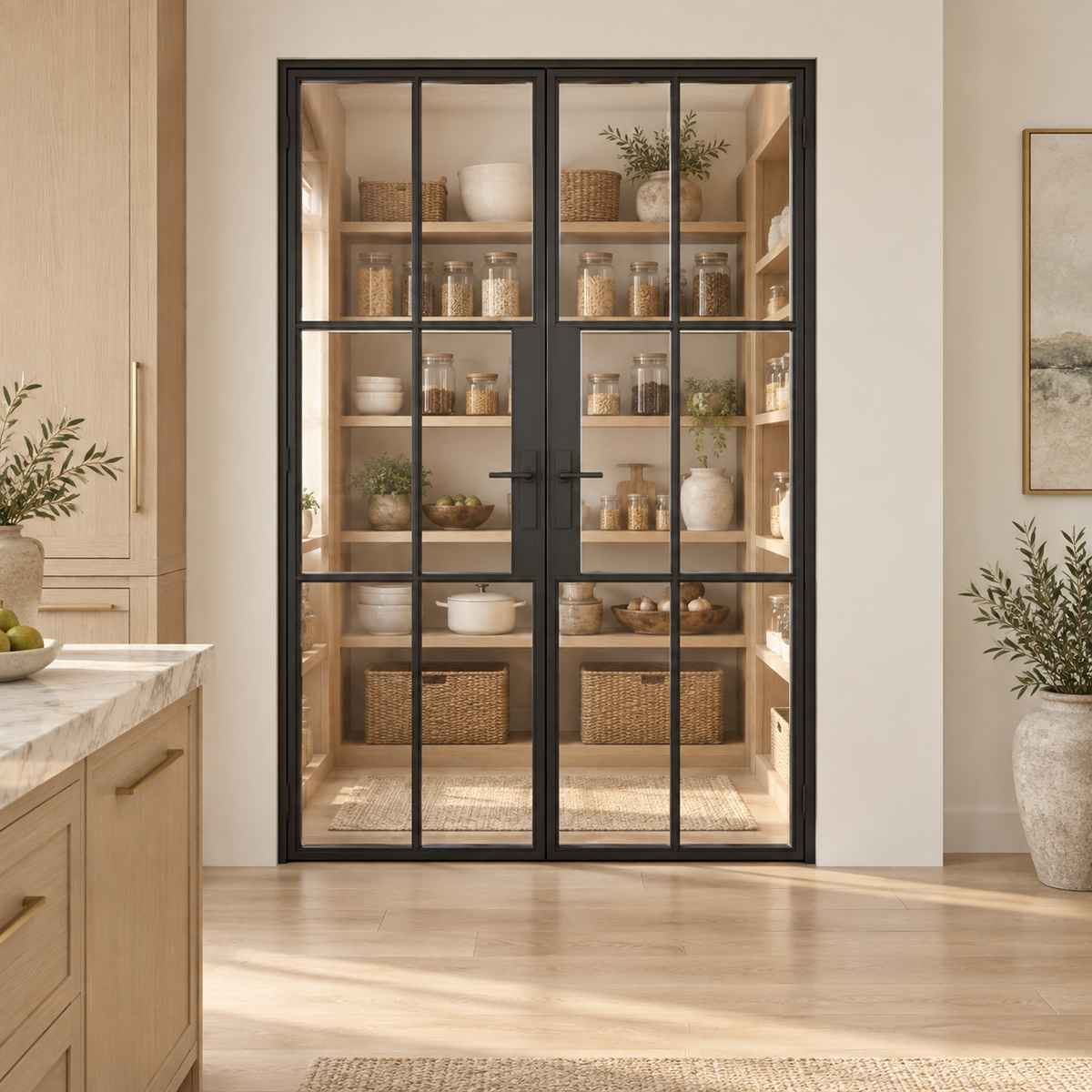 6S Double Cold-Rolled Steel Pantry Door leading into an oak pantry from an ivory kitchen — product visualization