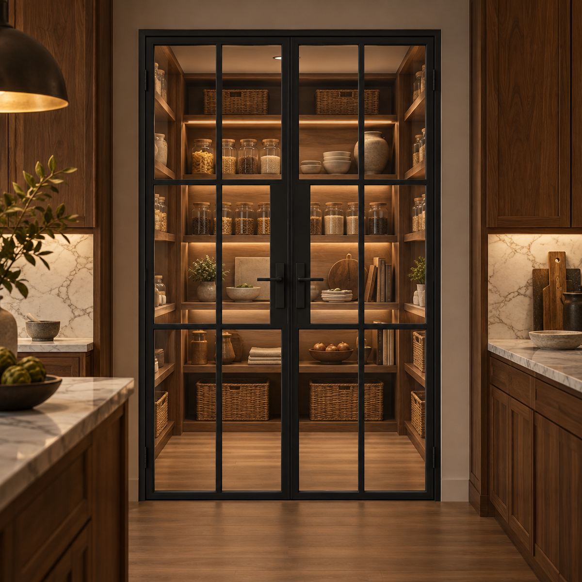6S Double Cold-Rolled Steel Pantry Door leading into an illuminated walnut pantry — product visualization
