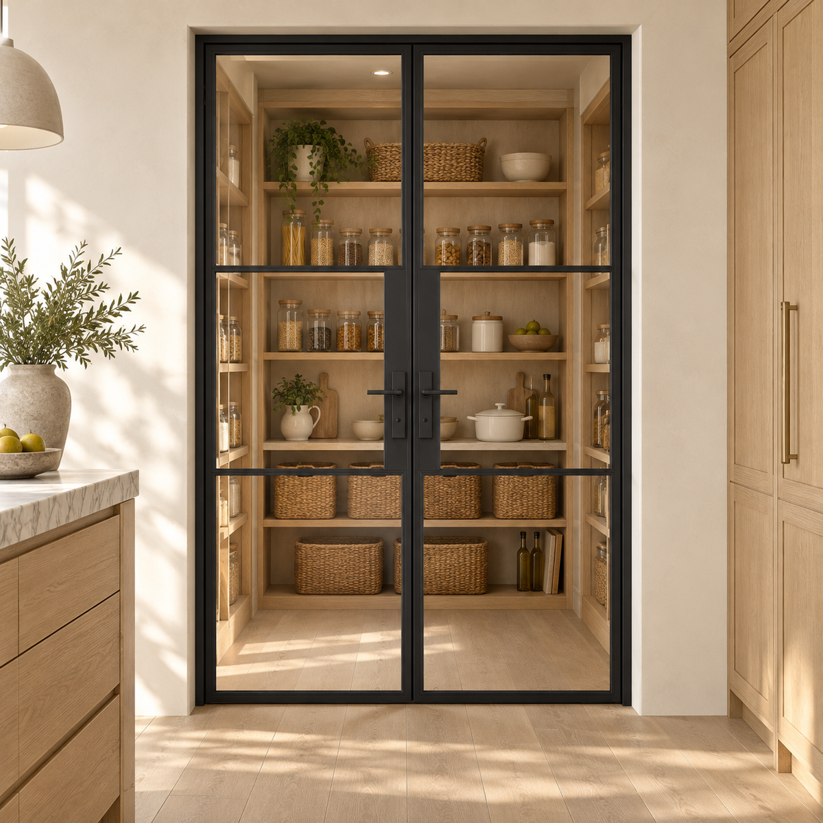 3S Double Cold-Rolled Steel Pantry Door leading into an oak pantry from an ivory kitchen — product visualization