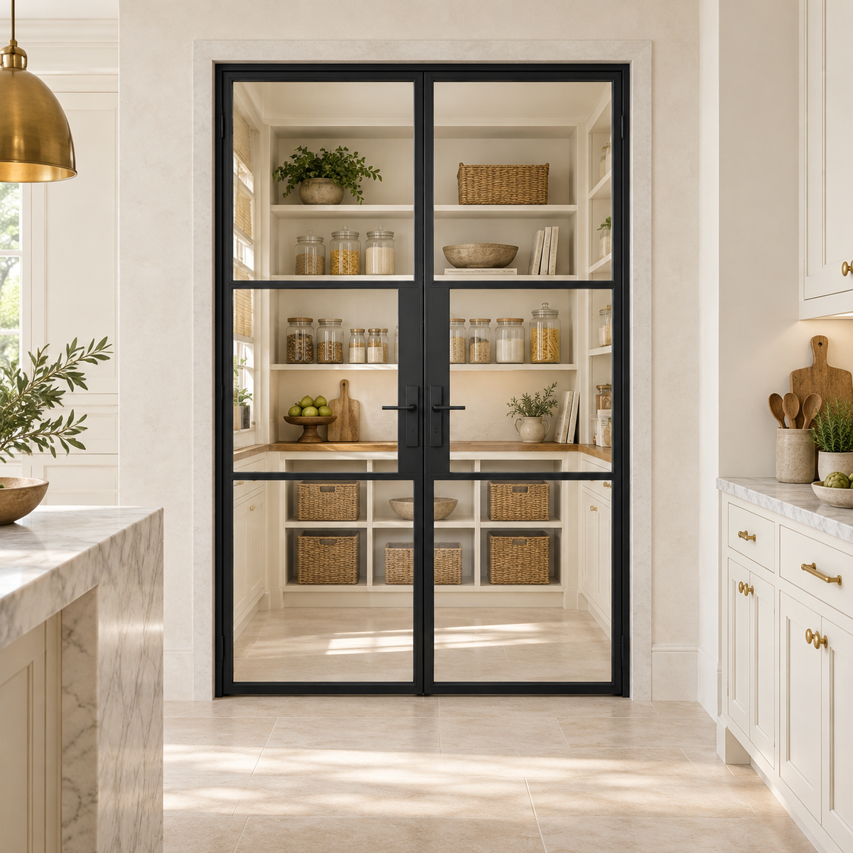 3S Double Cold-Rolled Steel Pantry Door leading into a cream pantry from a limestone kitchen — product visualization