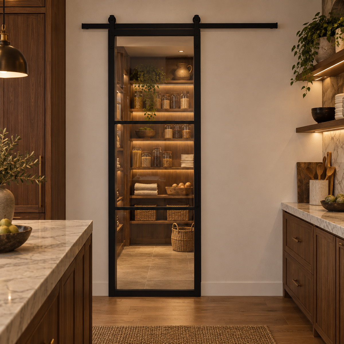 3-Lite Single Steel Barn Pantry Door leading into an illuminated walnut pantry — product visualization