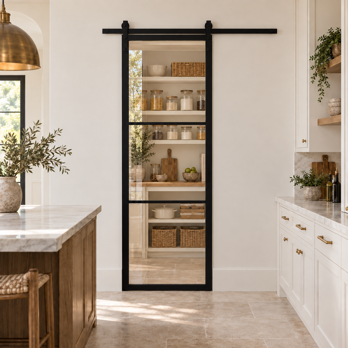 3-Lite Single Steel Barn Pantry Door leading into a cream pantry from a limestone kitchen — product visualization