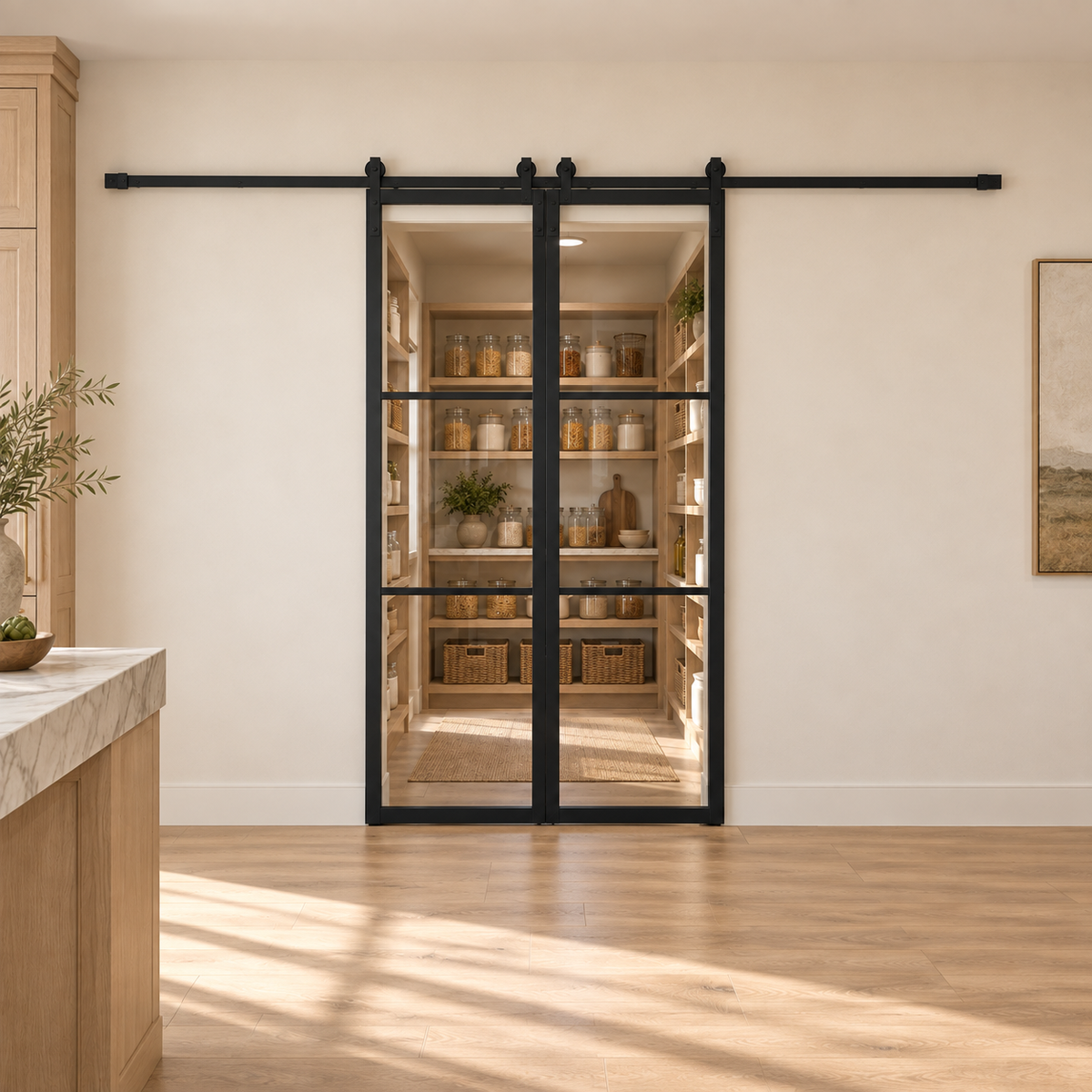 3-Lite Double Steel Barn Pantry Door leading into an oak pantry from an ivory kitchen — product visualization
