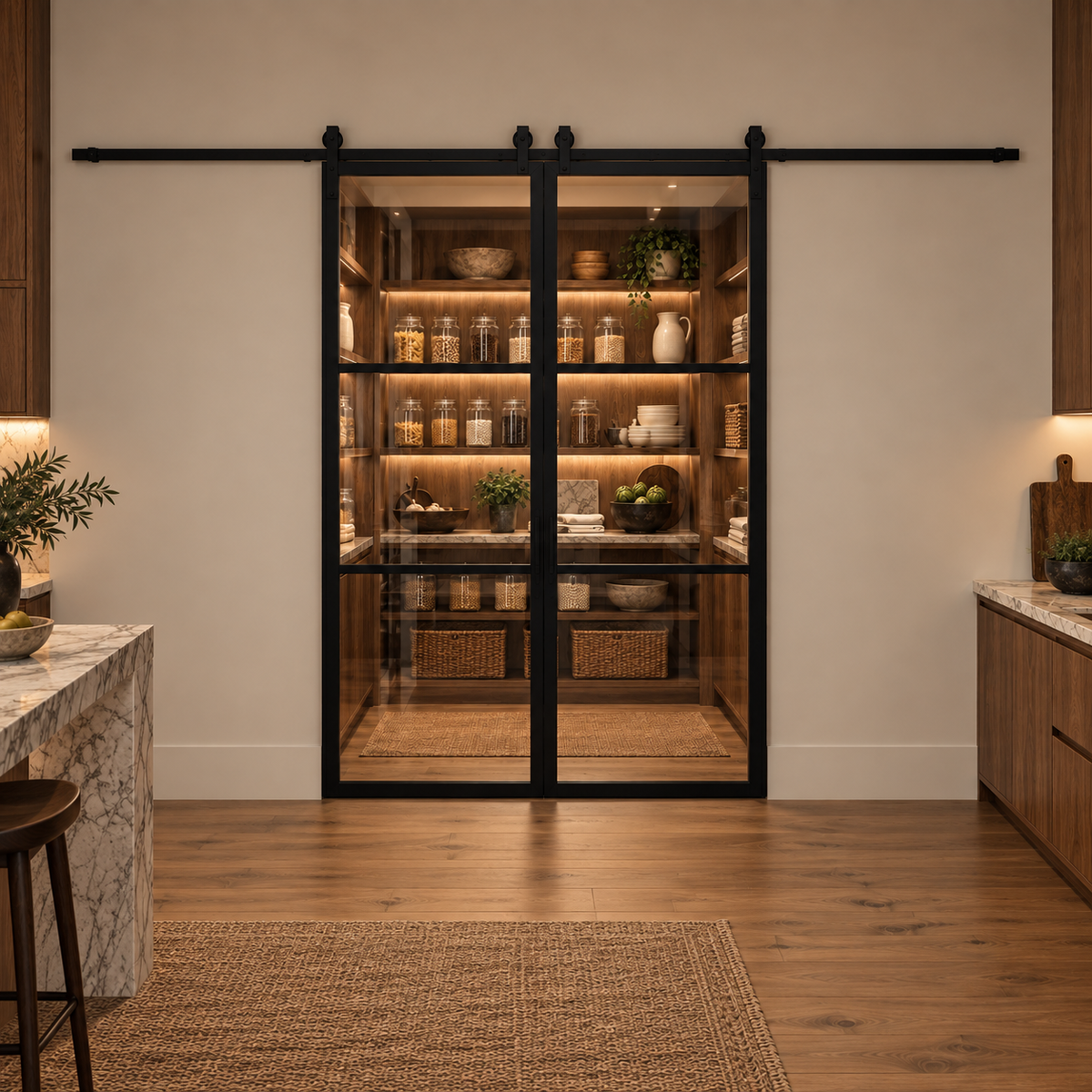 3-Lite Double Steel Barn Pantry Door leading into an illuminated walnut pantry — product visualization