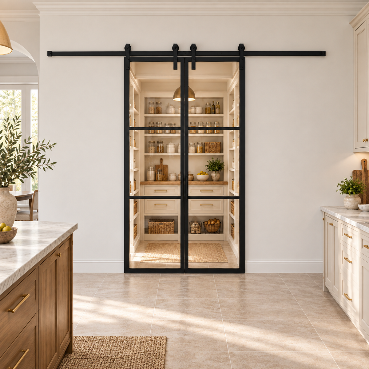 3-Lite Double Steel Barn Pantry Door leading into a cream pantry from a limestone kitchen — product visualization