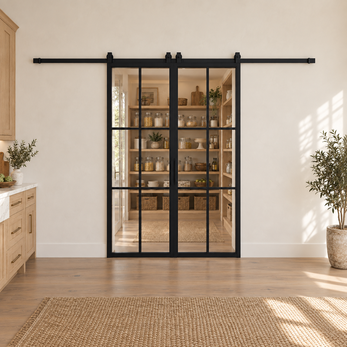 6-Lite Double Steel Barn Pantry Door leading into an oak pantry from an ivory kitchen — product visualization