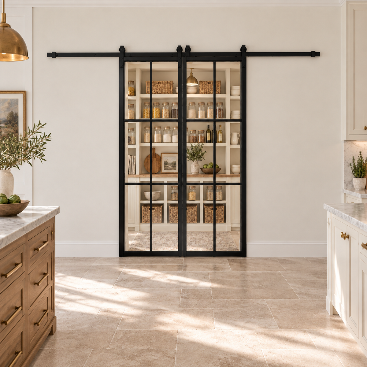 6-Lite Double Steel Barn Pantry Door leading into a cream pantry from a limestone kitchen — product visualization