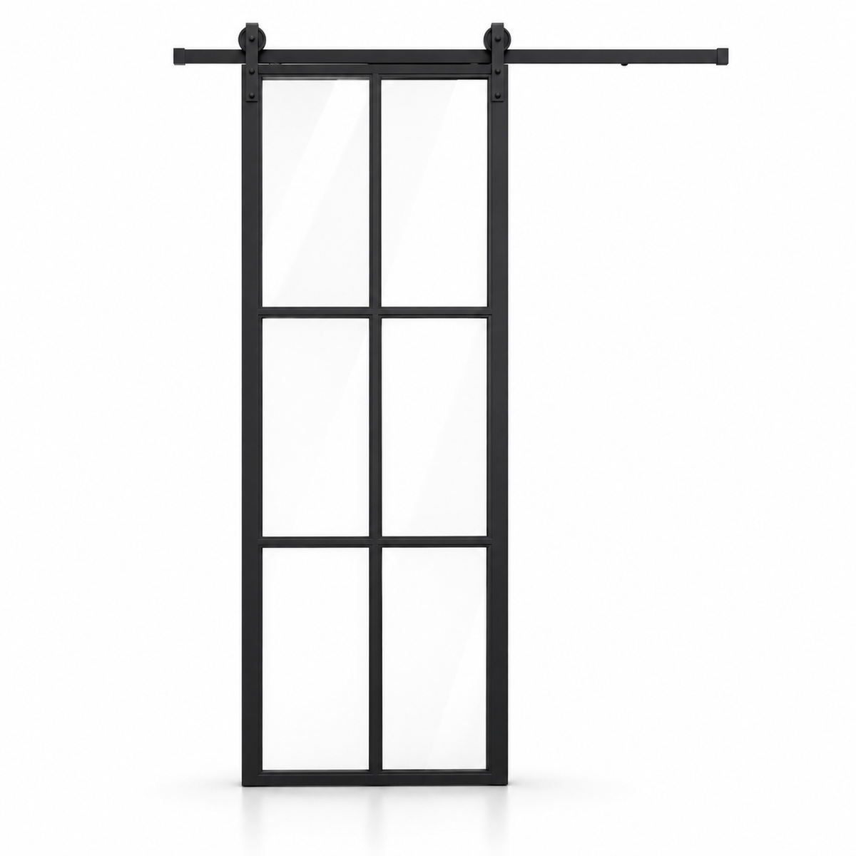 6-Lite Single Steel Barn Pantry Door with exposed sliding track on a white background — product visualization