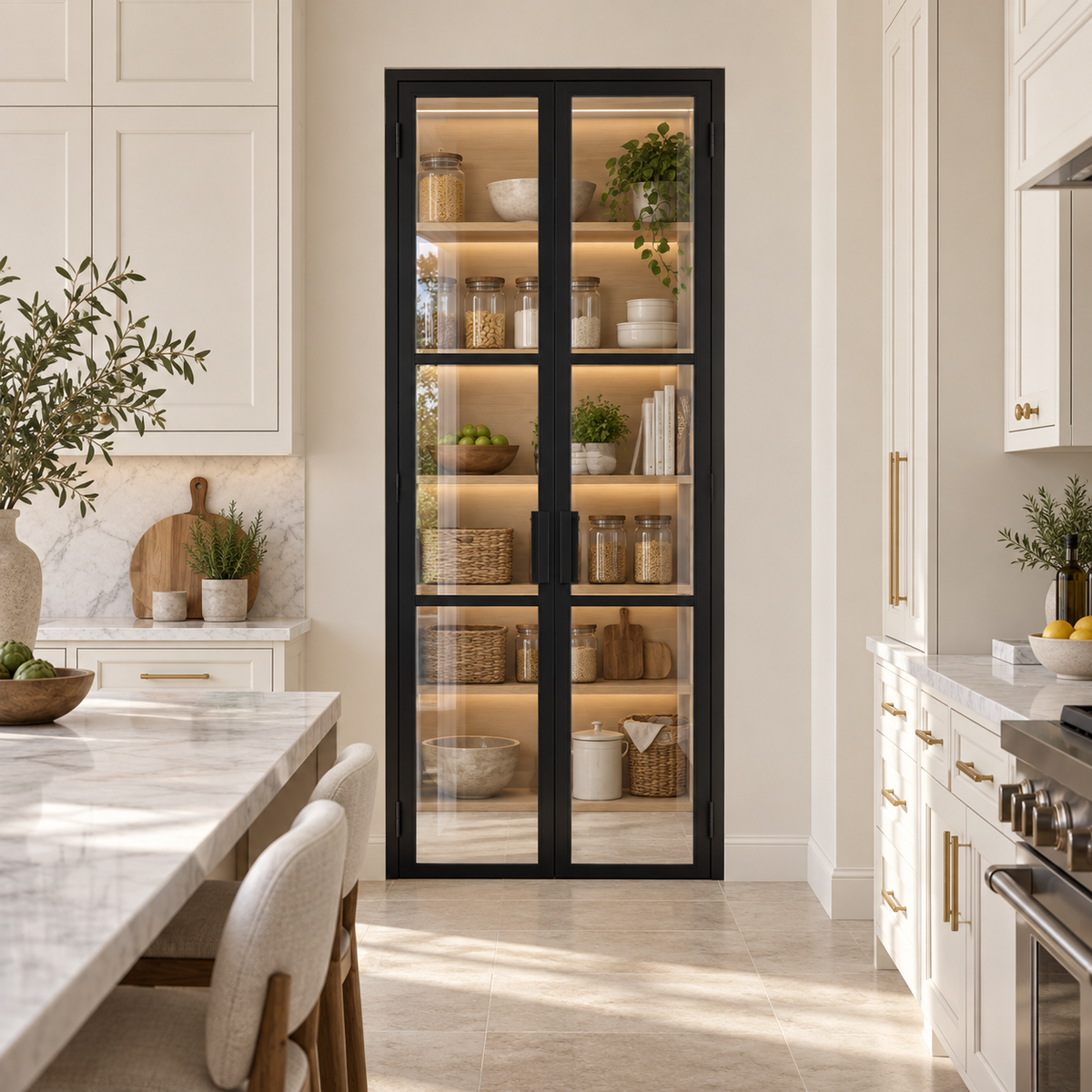 Black 3-lite double steel pantry door leading from a cream kitchen into a shelved pantry — lifestyle visualization