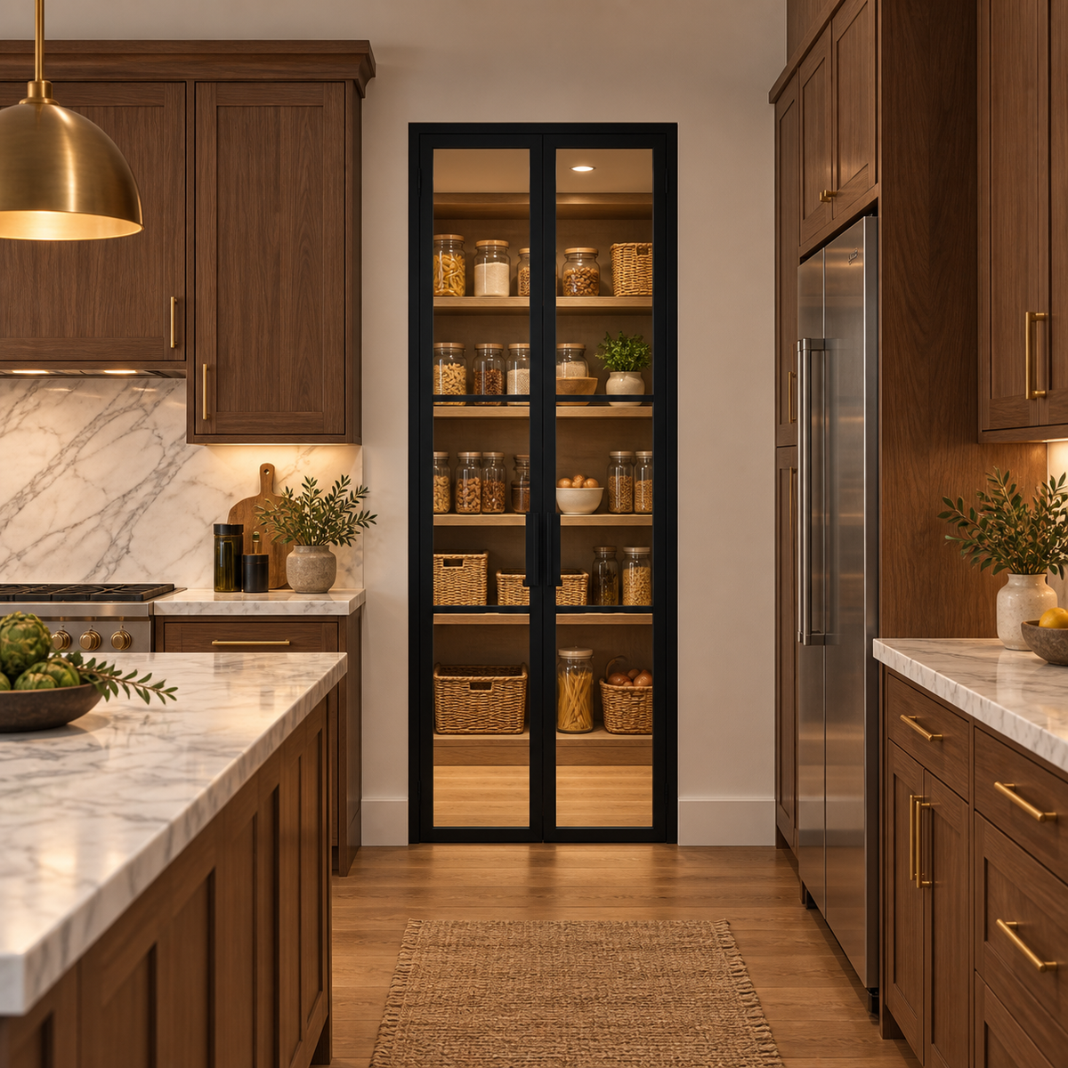 Black 3-lite double steel pantry door leading from a walnut kitchen into an organized pantry — lifestyle visualization