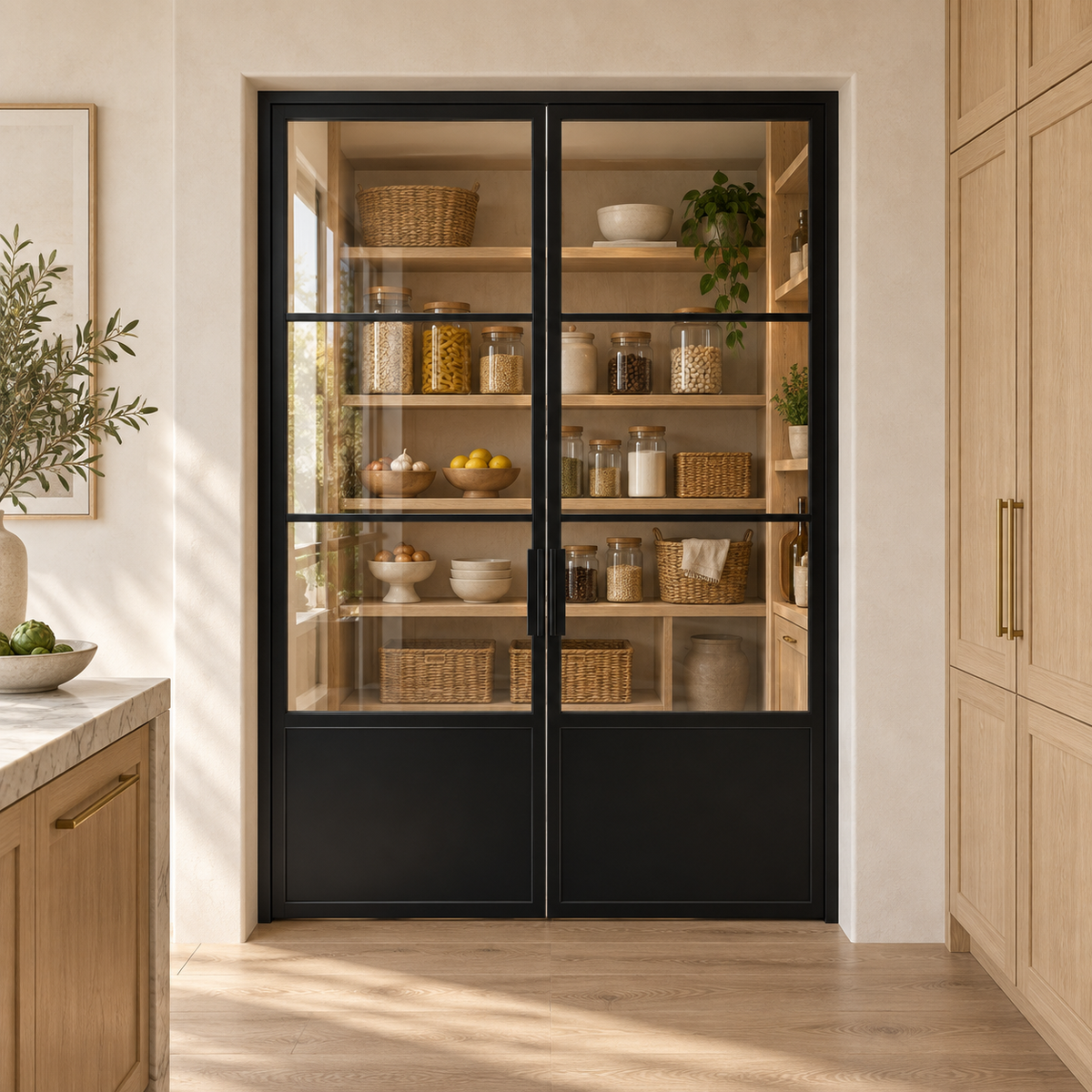 3-Lite Double Steel Pantry Door with Kickplate leading into an oak-shelved pantry from an ivory kitchen — product visualization