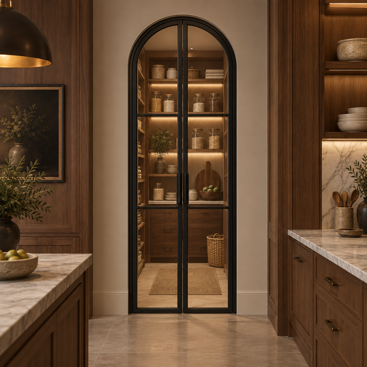 3-Lite Full-Arch Double Steel Pantry Door leading into an illuminated walnut pantry — lifestyle visualization