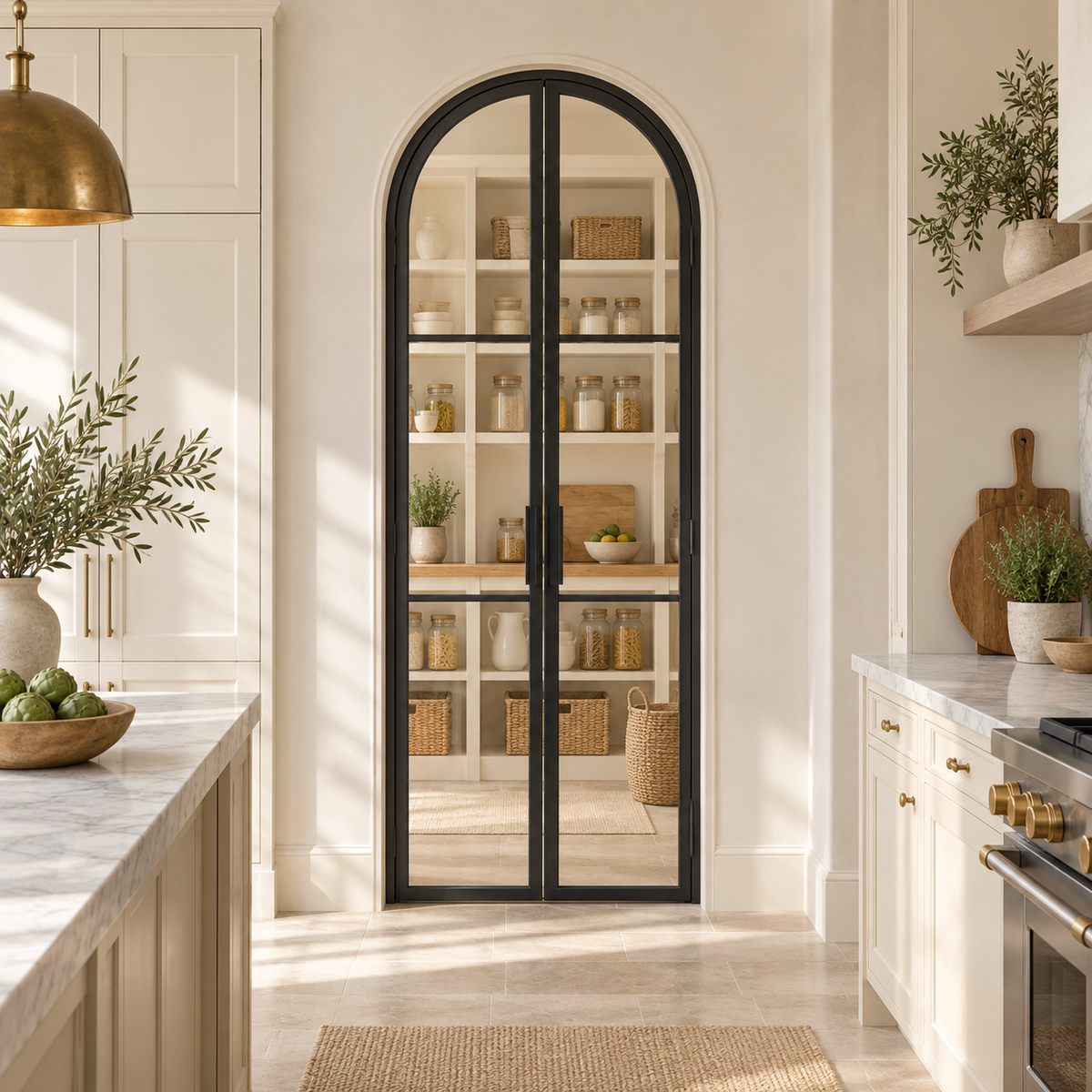 3-Lite Full-Arch Double Steel Pantry Door leading into a cream-shelved pantry from a limestone kitchen — lifestyle visualization