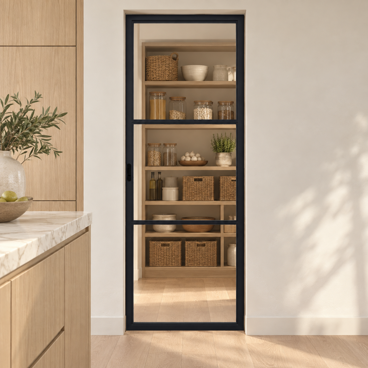 3-Lite Single Steel Pocket Pantry Door leading into an oak-shelved pantry from an ivory kitchen — product visualization