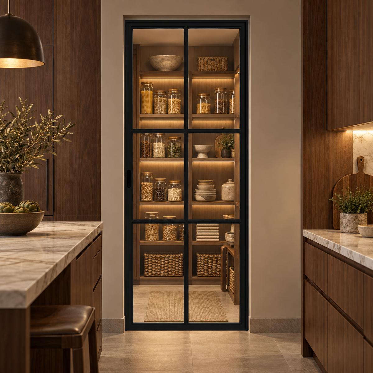 6-Lite Single Steel Pocket Pantry Door leading into a walnut pantry from a marble-trimmed kitchen — product visualization