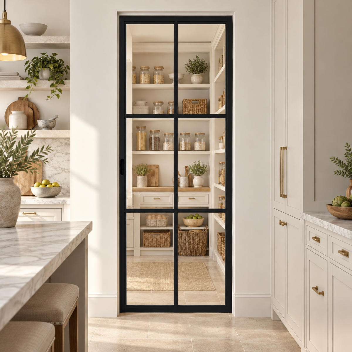 6-Lite Single Steel Pocket Pantry Door leading into a cream pantry from a limestone kitchen — product visualization