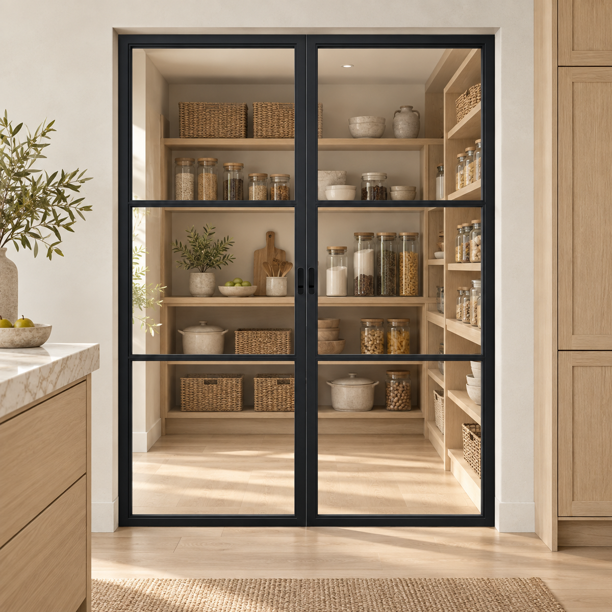 3-Lite Double Steel Pocket Pantry Door leading into an oak-shelved pantry from an ivory kitchen — product visualization